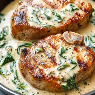 Boneless Pork Chops in Creamy Garlic Spinach Sauce