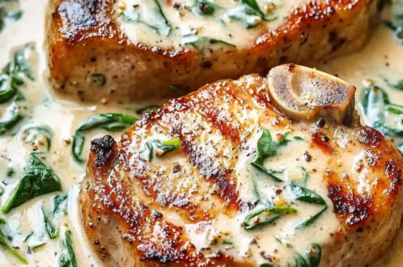 Boneless Pork Chops in Creamy Garlic Spinach Sauce