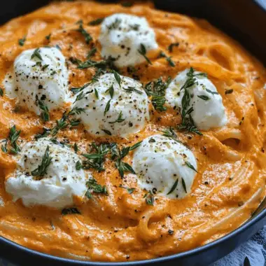 Creamy Red Pepper Pasta with Burrata and Herbs