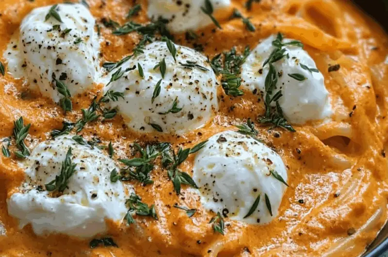 Creamy Red Pepper Pasta with Burrata and Herbs