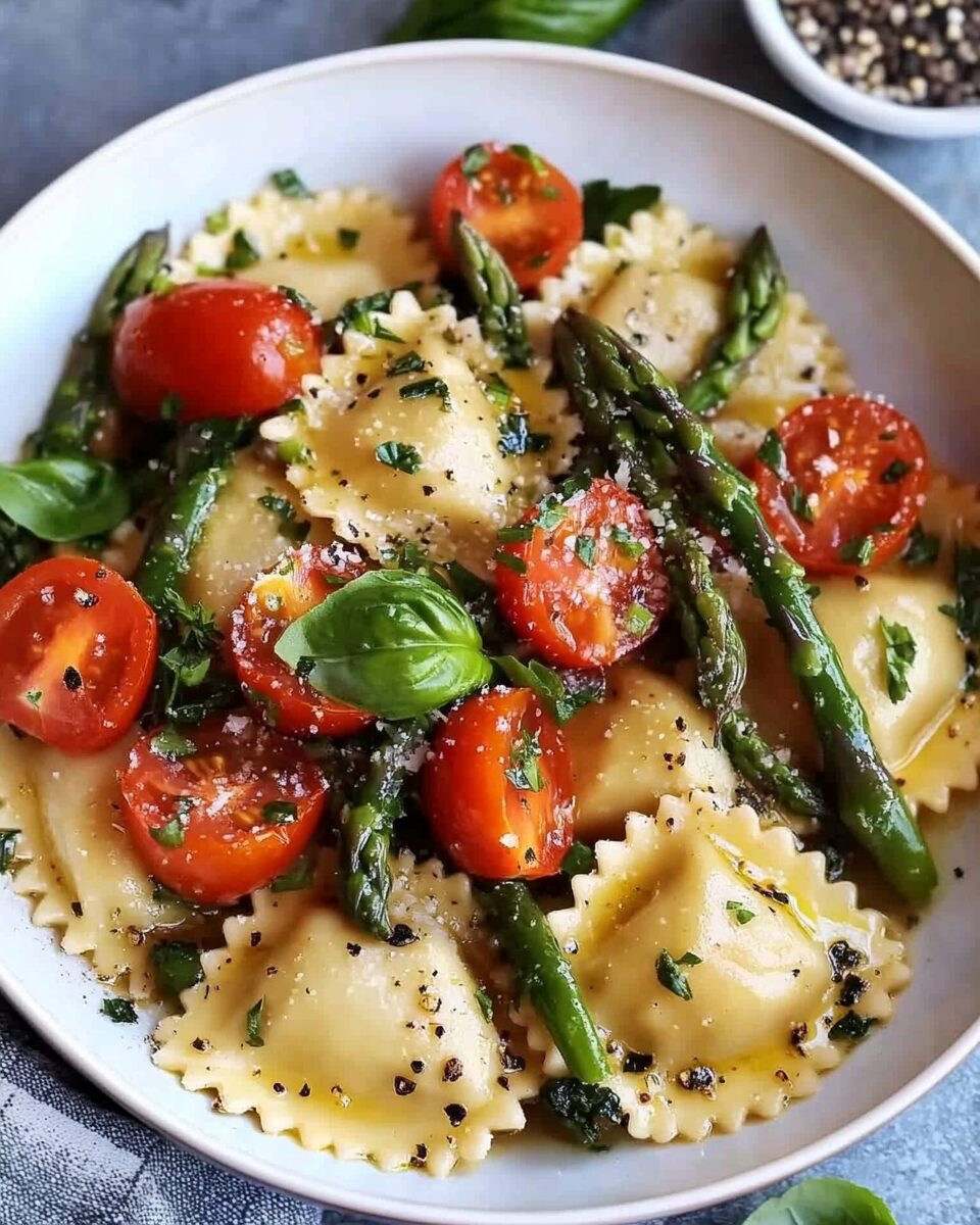 Ravioli with Tomatoes, Asparagus, Garlic, and Herbs