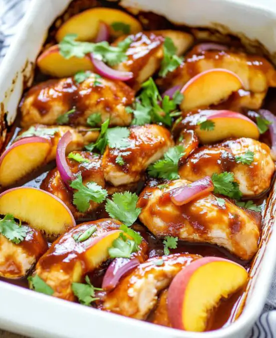 Roasted Peach BBQ Chicken Bake