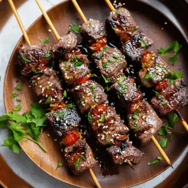 Asian Garlic Steak Skewers