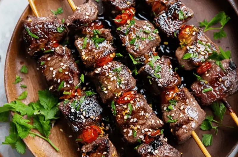 Asian Garlic Steak Skewers