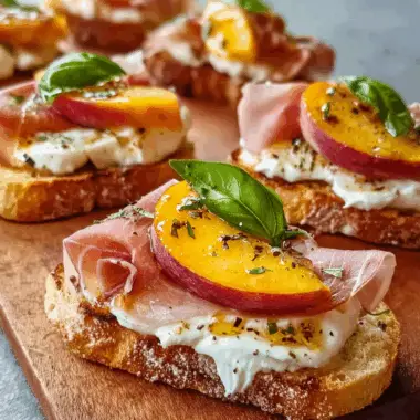 Cheesy Burrata Crostini with Prosciutto and Peaches