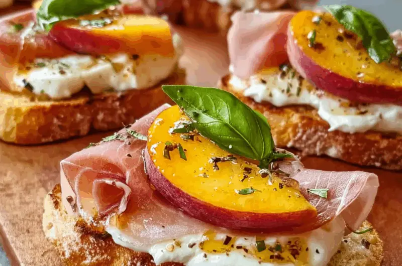 Cheesy Burrata Crostini with Prosciutto and Peaches