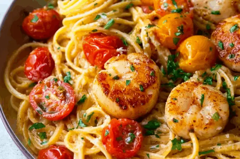 Shrimp Scallop Pasta with Cherry Tomatoes