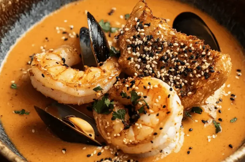 Spiced Seafood Bisque With Sesame Prawn Croutons