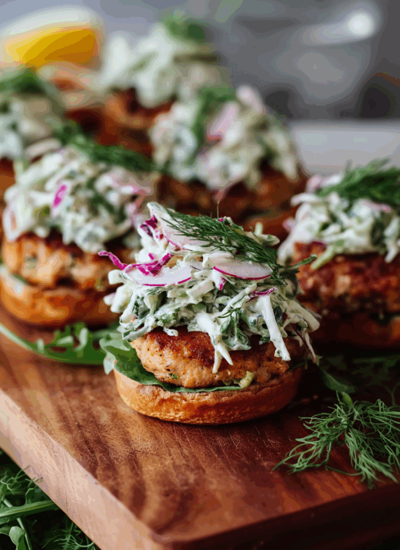 Crispy Salmon Sliders with Lemon Arugula Slaw