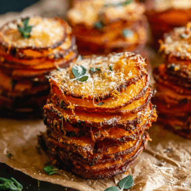 Crispy Parmesan Thyme Sweet Potato Stacks