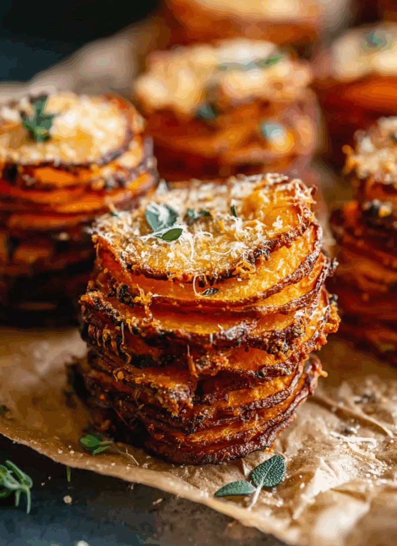Crispy Parmesan Thyme Sweet Potato Stacks