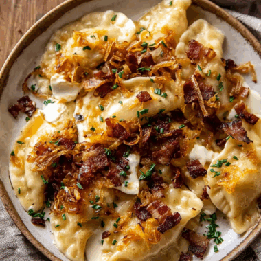 Cheddar Pierogies with Caramelized Onions and Bacon