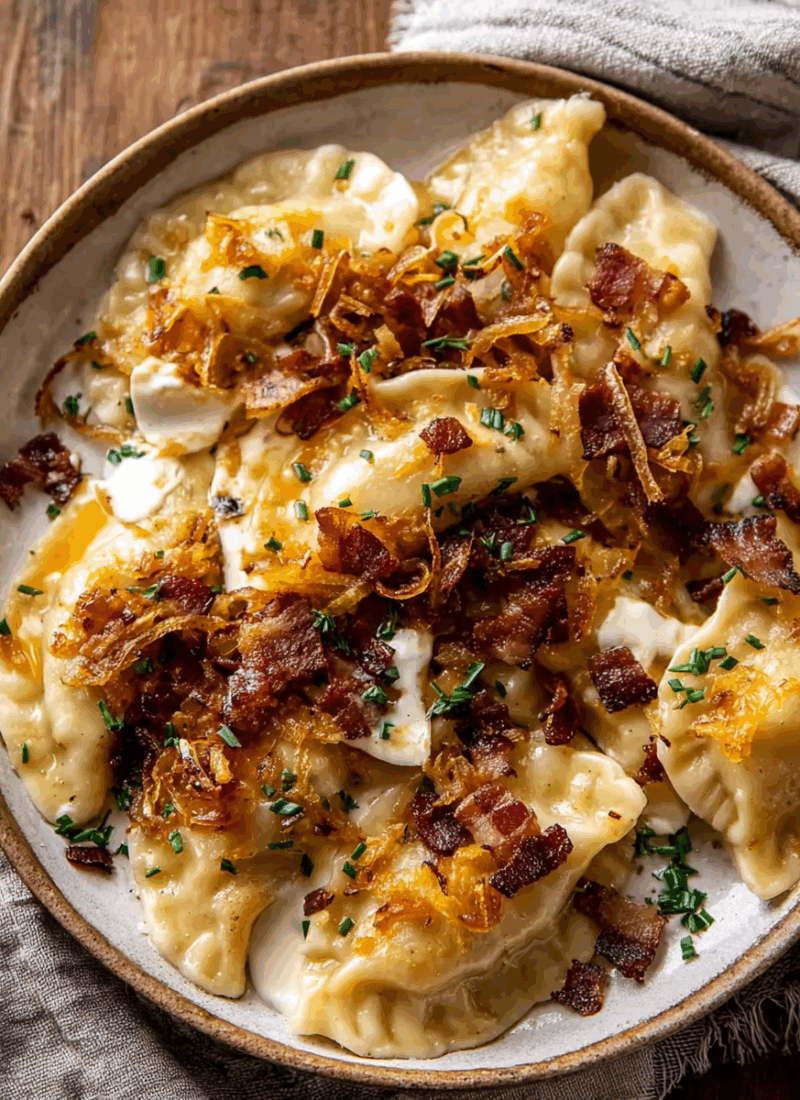 Cheddar Pierogies with Caramelized Onions and Bacon