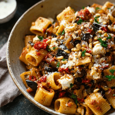 Eggplant Caponata Pasta with Smoked Mozzarella