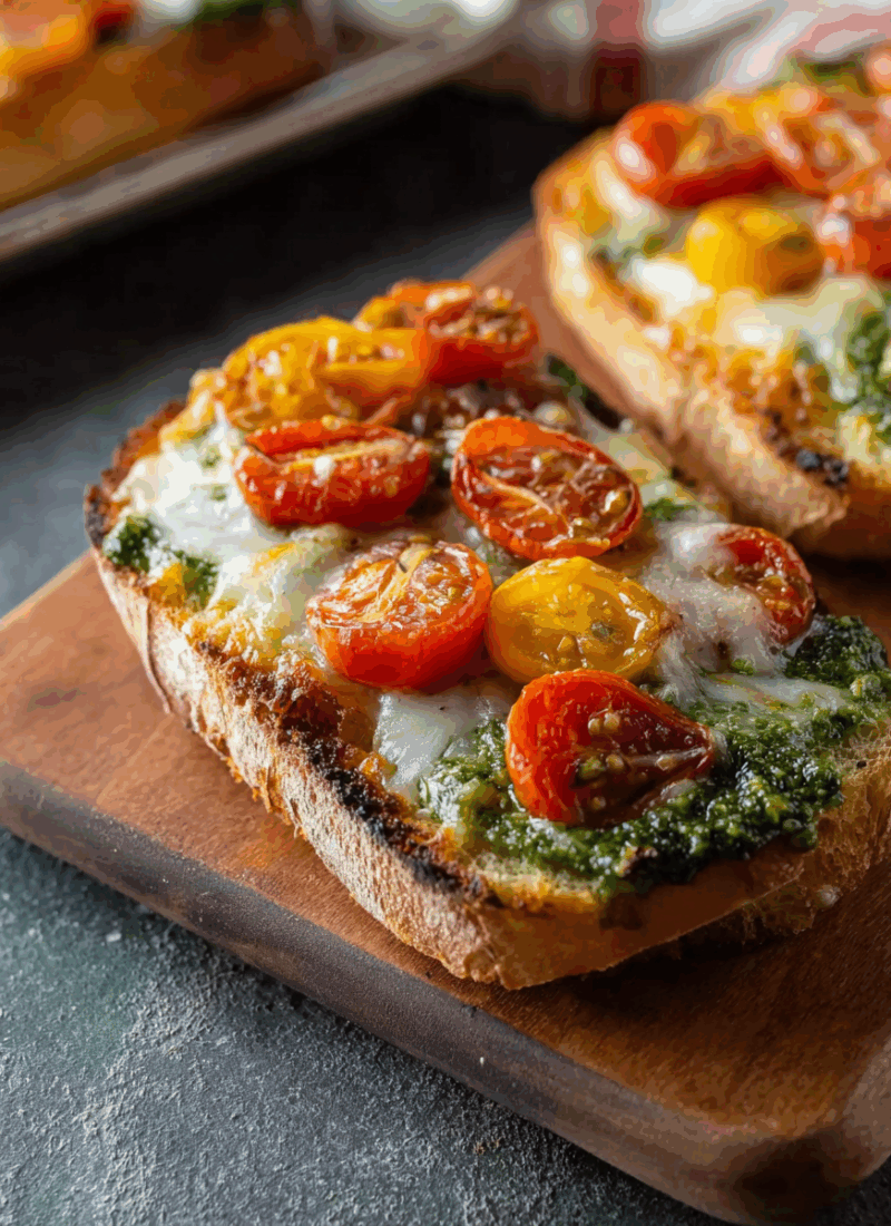 Open-Face Pesto (Cheddar and Tomato Baguette Sandwich)