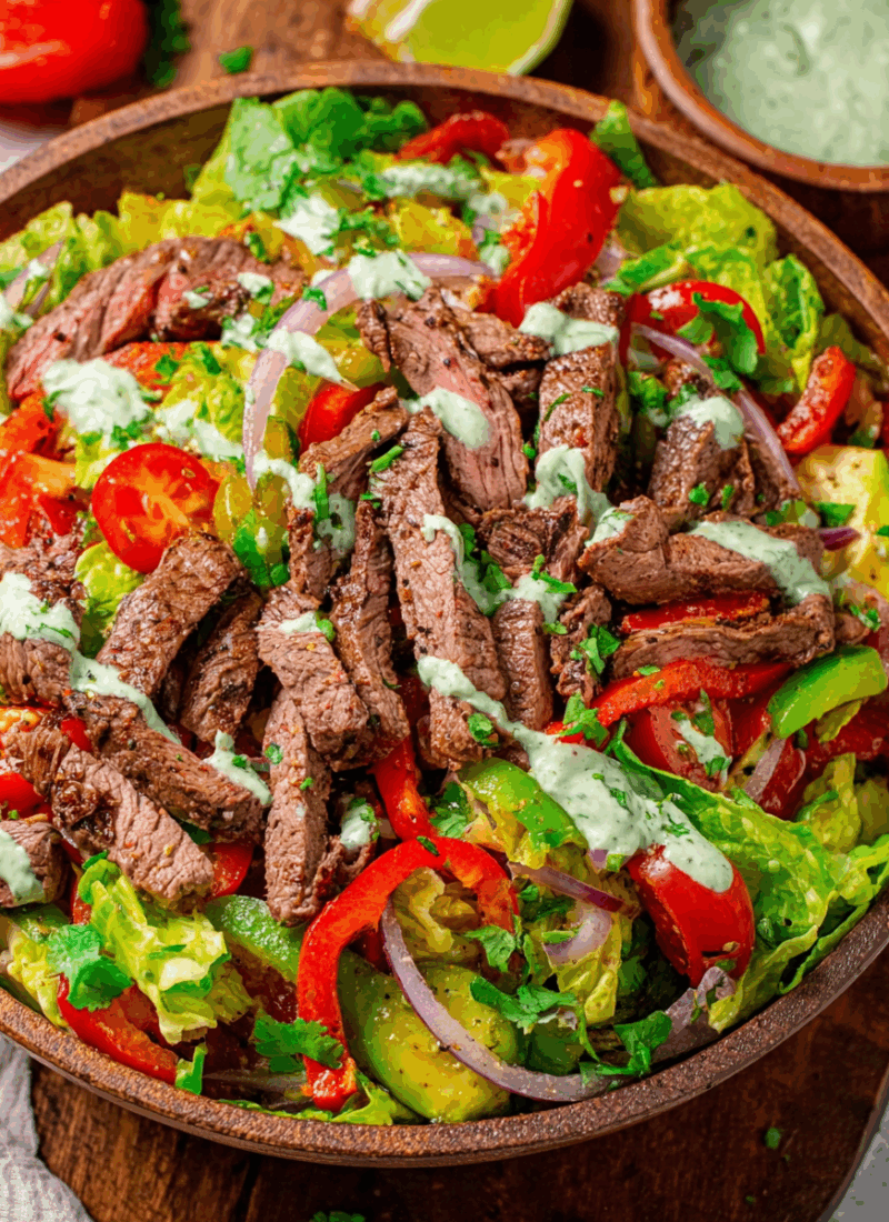 Steak Fajita Salad with Creamy Cilantro Lime Dressing