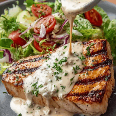 Tuna Steaks with Creamy Garlic Sauce & Salad
