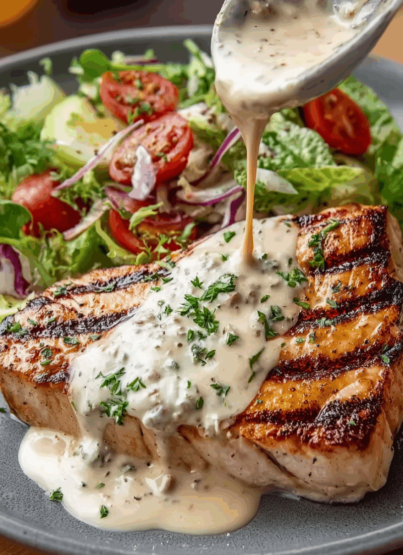 Tuna Steaks with Creamy Garlic Sauce & Salad