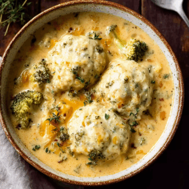 One Pot Broccoli Cheddar and Dumplings