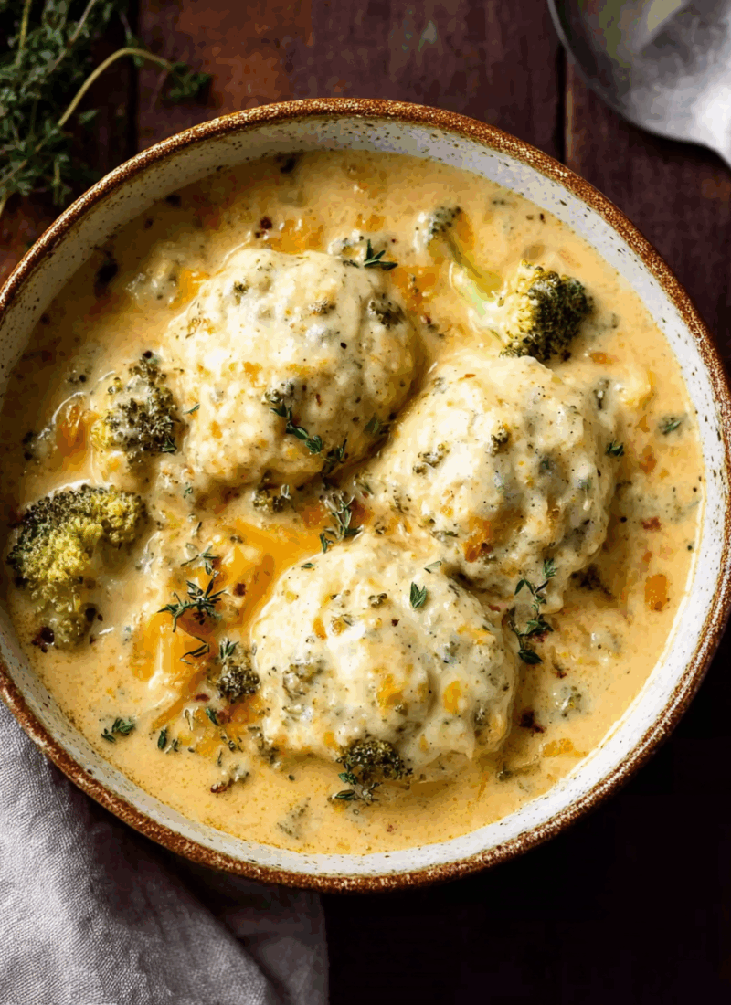 One Pot Broccoli Cheddar and Dumplings