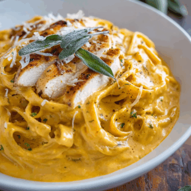 Pumpkin and Roasted Garlic Cream Sauce Fettuccine with Grilled Sage-Rubbed Chicken