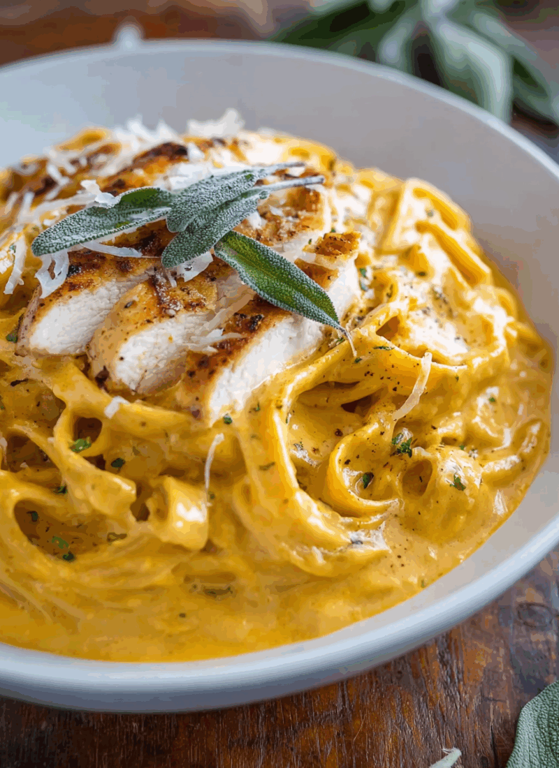 Pumpkin and Roasted Garlic Cream Sauce Fettuccine with Grilled Sage-Rubbed Chicken