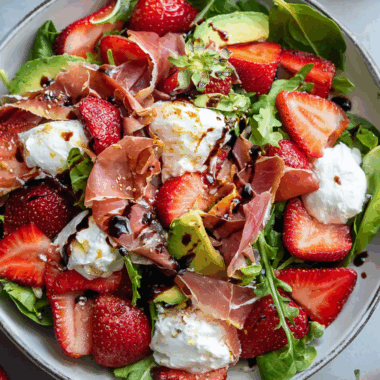 Prosciutto Strawberry Burrata Salad with Balsamic Maple Dressing
