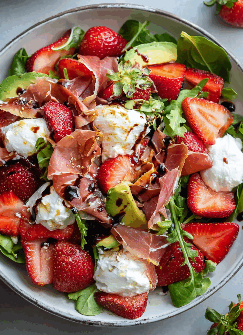 Prosciutto Strawberry Burrata Salad with Balsamic Maple Dressing