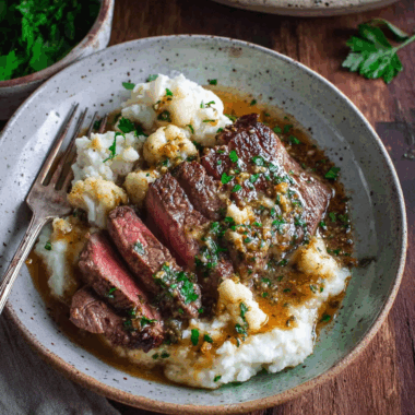Brown Butter Steak with Roasted Garlic Whipped Cauliflower