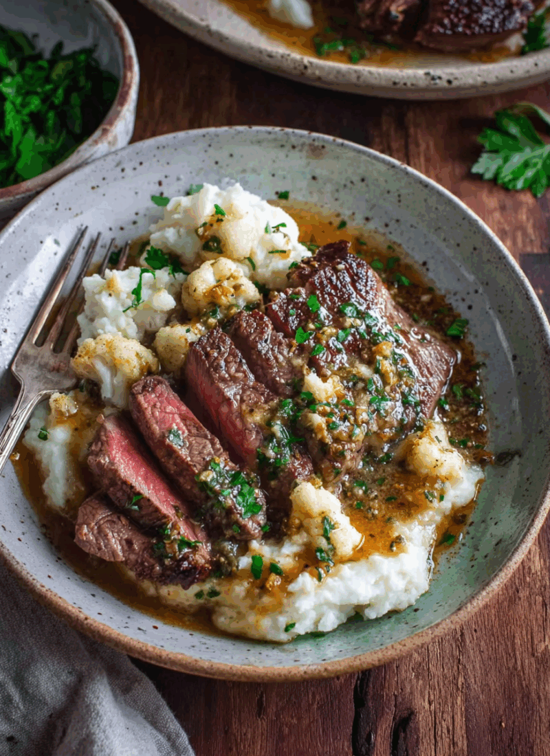 Brown Butter Steak with Roasted Garlic Whipped Cauliflower