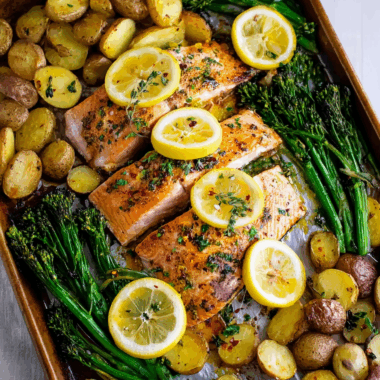 Lemon Garlic Sheet Pan Salmon with Broccolini and Potatoes