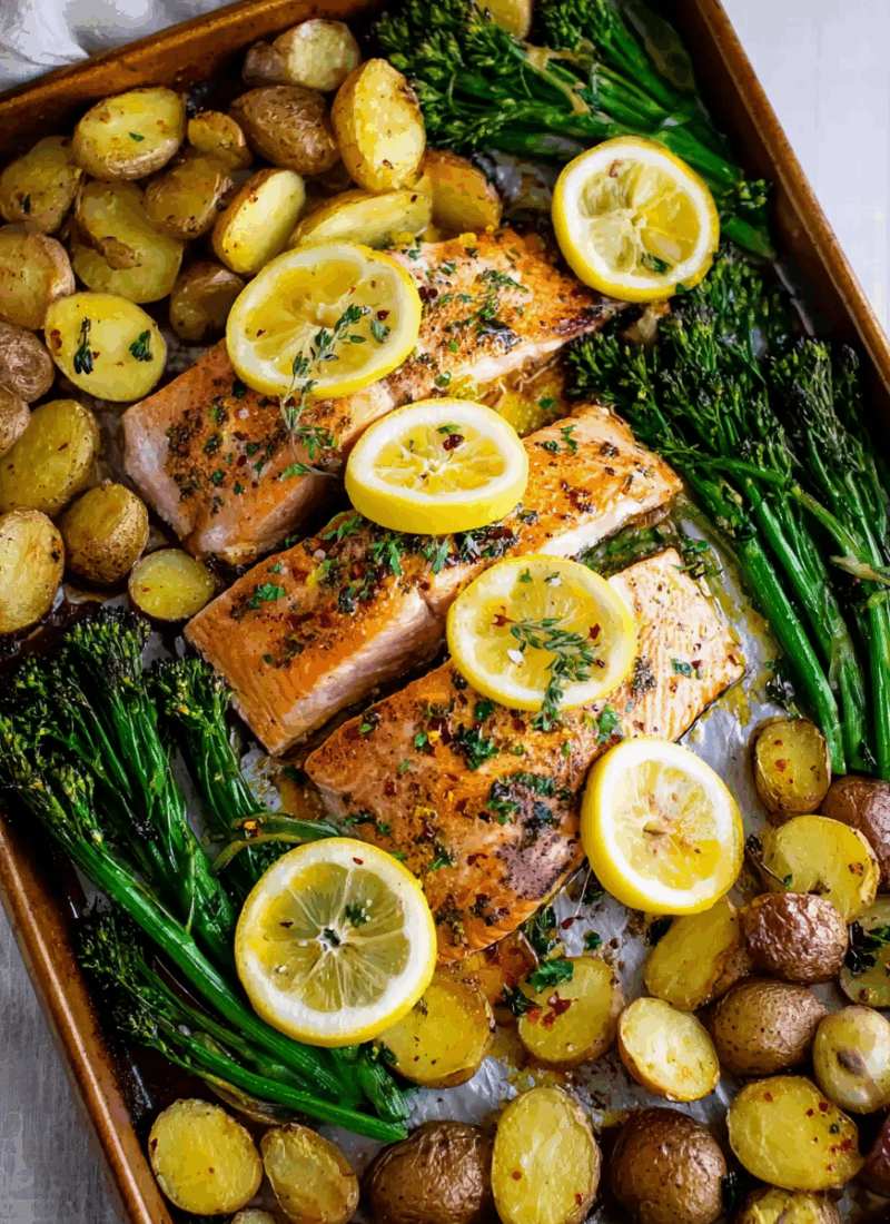 Lemon Garlic Sheet Pan Salmon with Broccolini and Potatoes