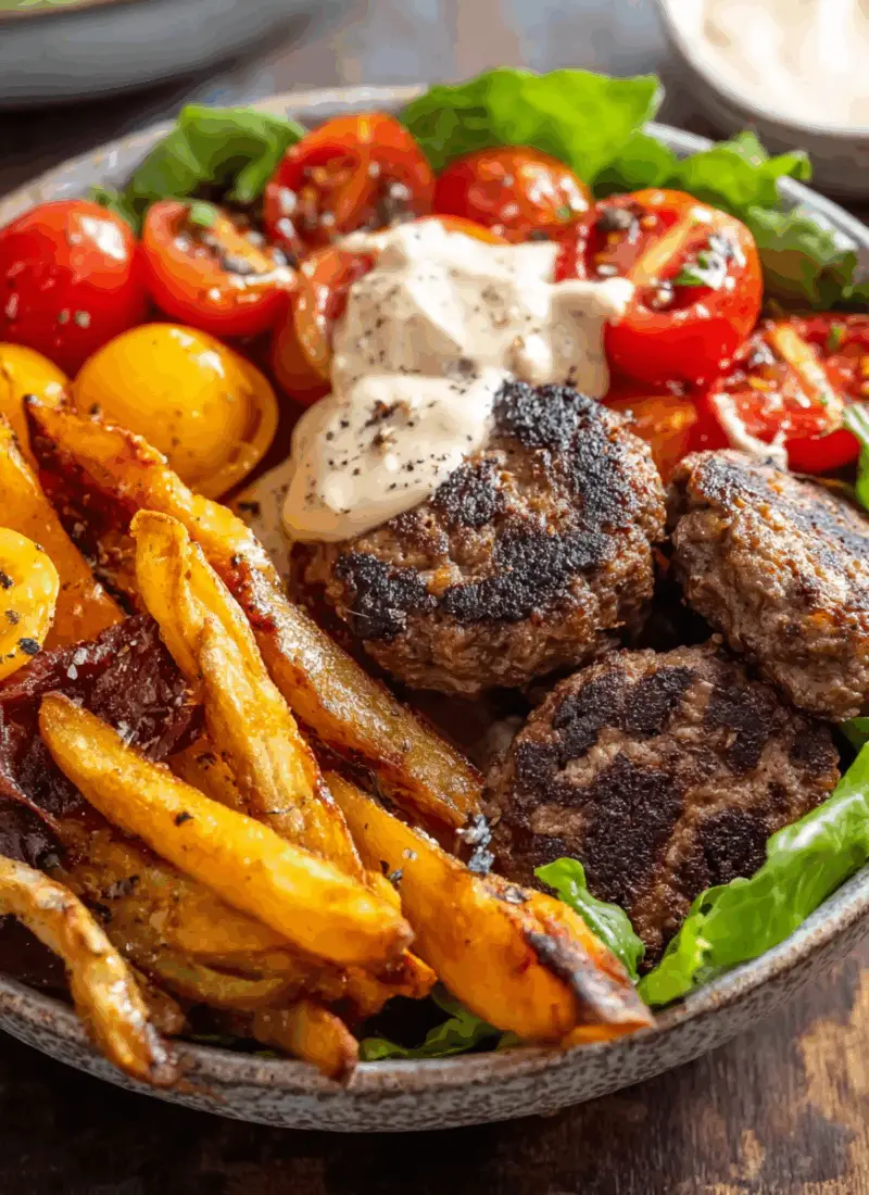 Burger Bowls with Caramelized Onion Aioli