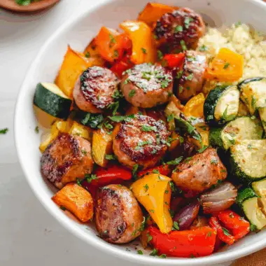 10 Minute Air Fryer Chicken Sausage and Veggies