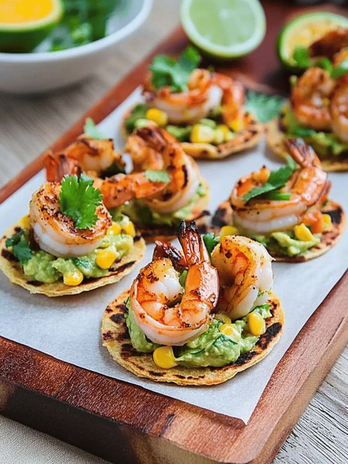 Chipotle Lime Grilled Shrimp and Corn Guacamole Mini Tostadas