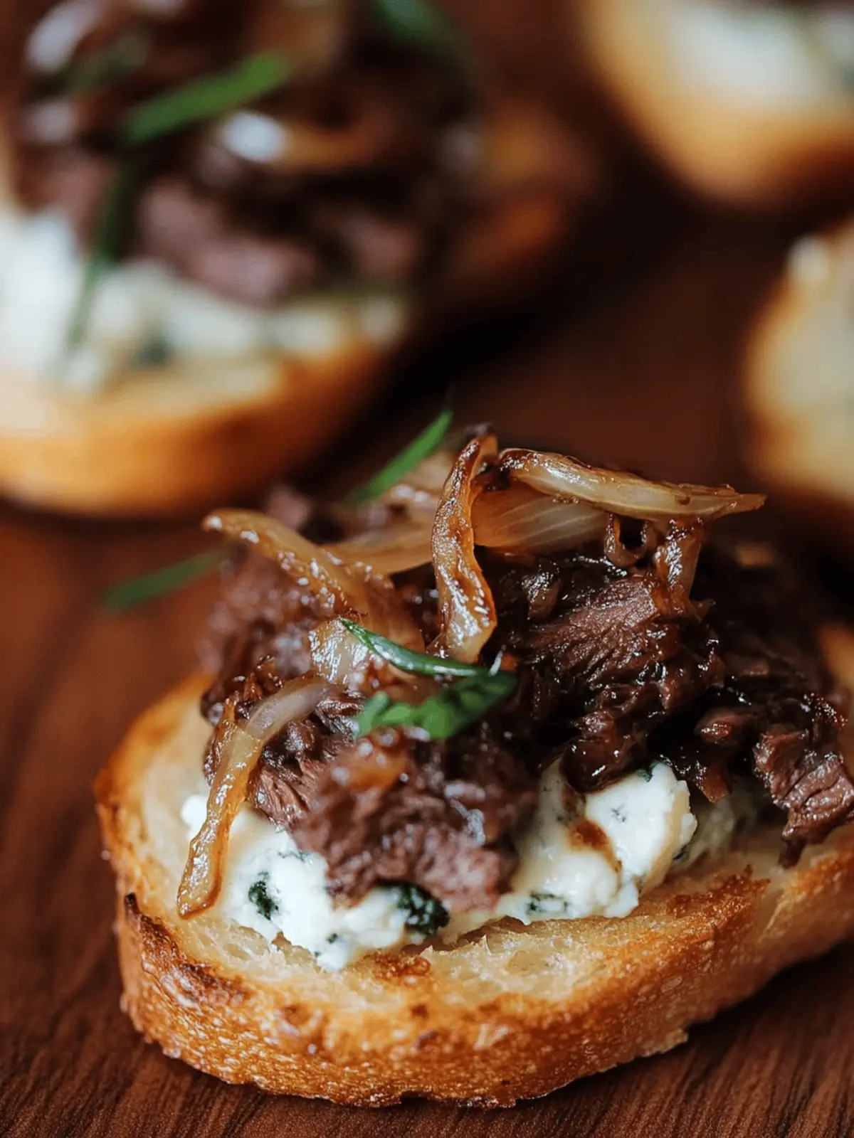 Braised Beef Crostini with Blue Cheese Butter and Caramelized Onions