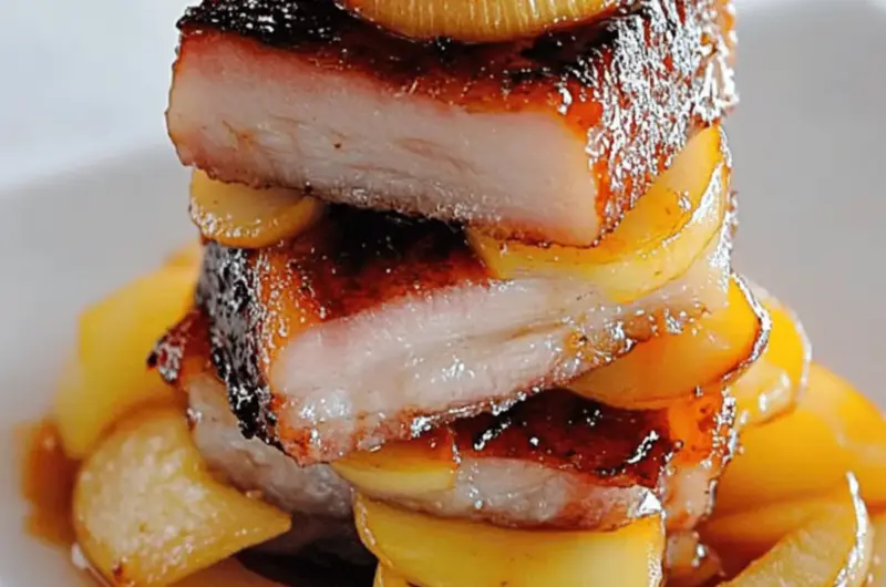 Cured Pork Belly Roasted with Apple, Onion and Brown Sugar