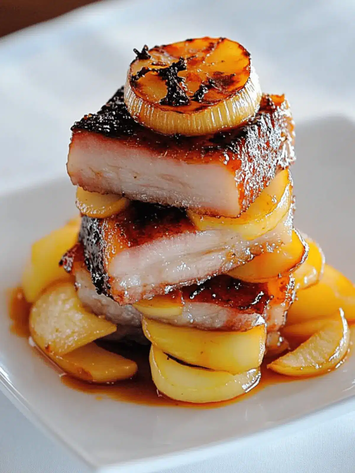 Cured Pork Belly Roasted with Apple, Onion and Brown Sugar