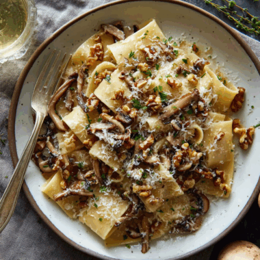 Brown Butter Pasta with Pecorino Romano, Mushrooms, and Toasted Walnuts
