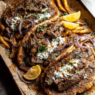 Sheet Pan Steak Gyros with Feta Tzatziki Sauce