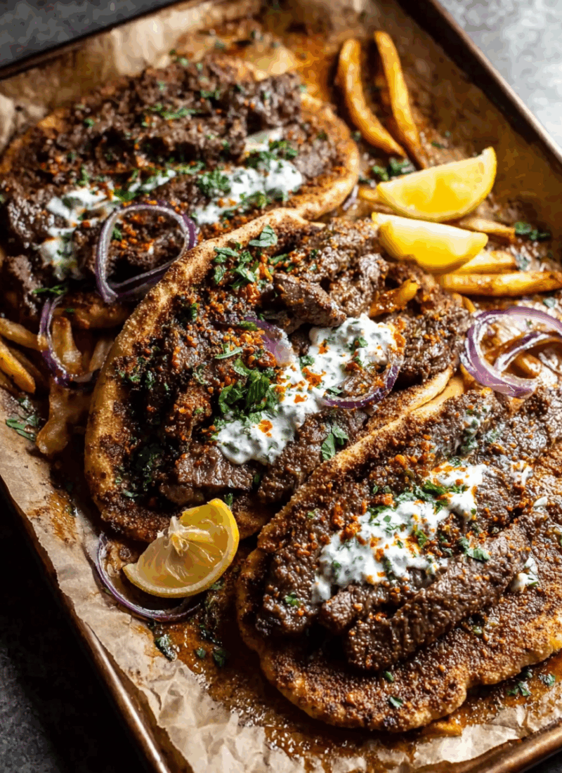 Sheet Pan Steak Gyros with Feta Tzatziki Sauce