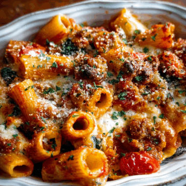 Cheesy Baked Rigatoni with Italian Sausage & Spinach