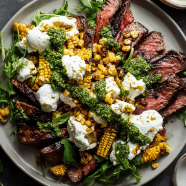 Grilled Flank Steak with Burrata and Pesto