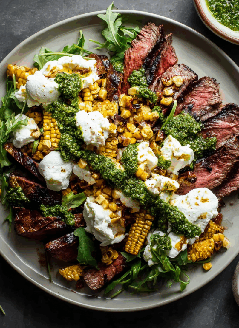 Grilled Flank Steak with Burrata and Pesto