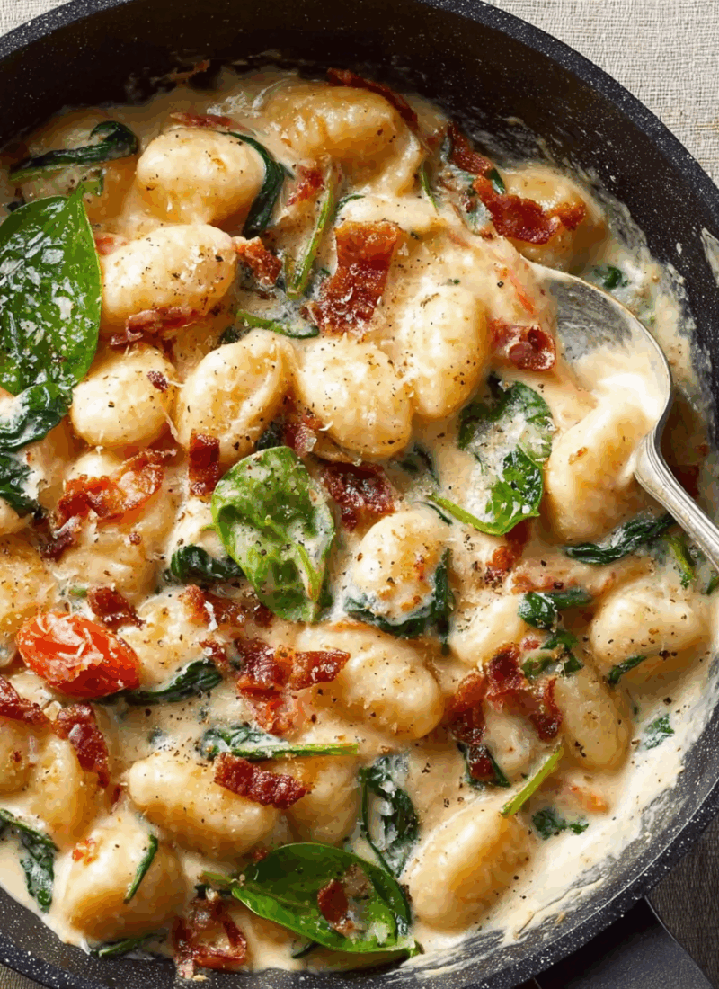 Potato Gnocchi in Bacon Spinach Cream Sauce