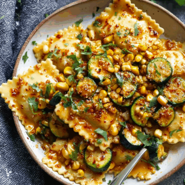 Ravioli with Corn and Zucchini in a Garlic Butter Sauce