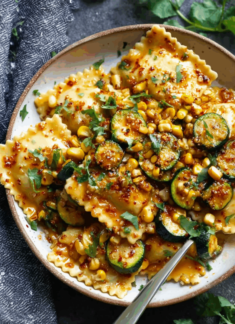 Ravioli with Corn and Zucchini in a Garlic Butter Sauce