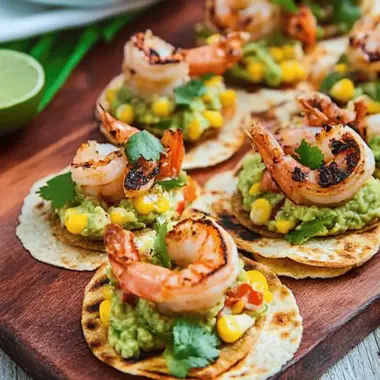 Chipotle Lime Grilled Shrimp and Corn Guacamole Mini Tostadas