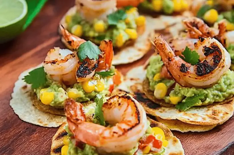 Chipotle Lime Grilled Shrimp and Corn Guacamole Mini Tostadas