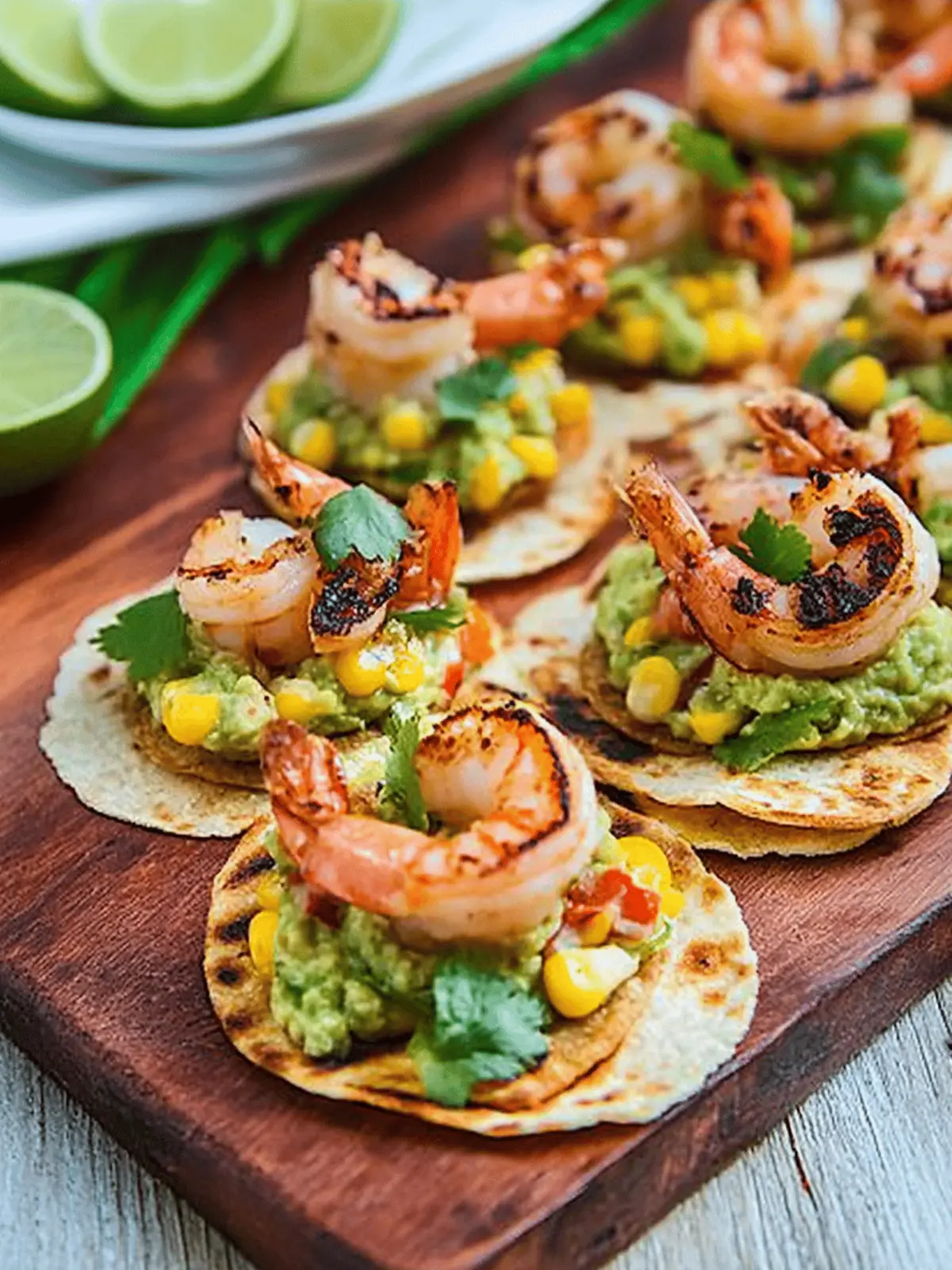 Chipotle Lime Grilled Shrimp and Corn Guacamole Mini Tostadas